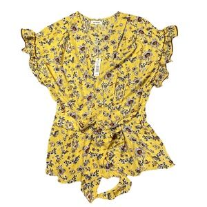 Max Studio Top Blouse Large Prairie Belted Wrap‎ Floral Boho Ruffle Summer NEW